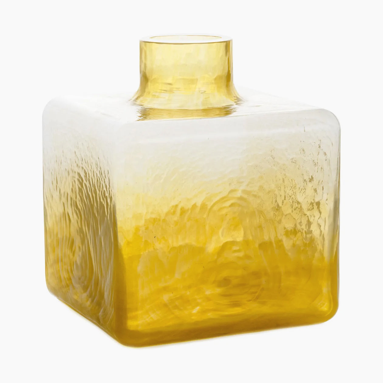 Clear and yellow glass vase on a white background