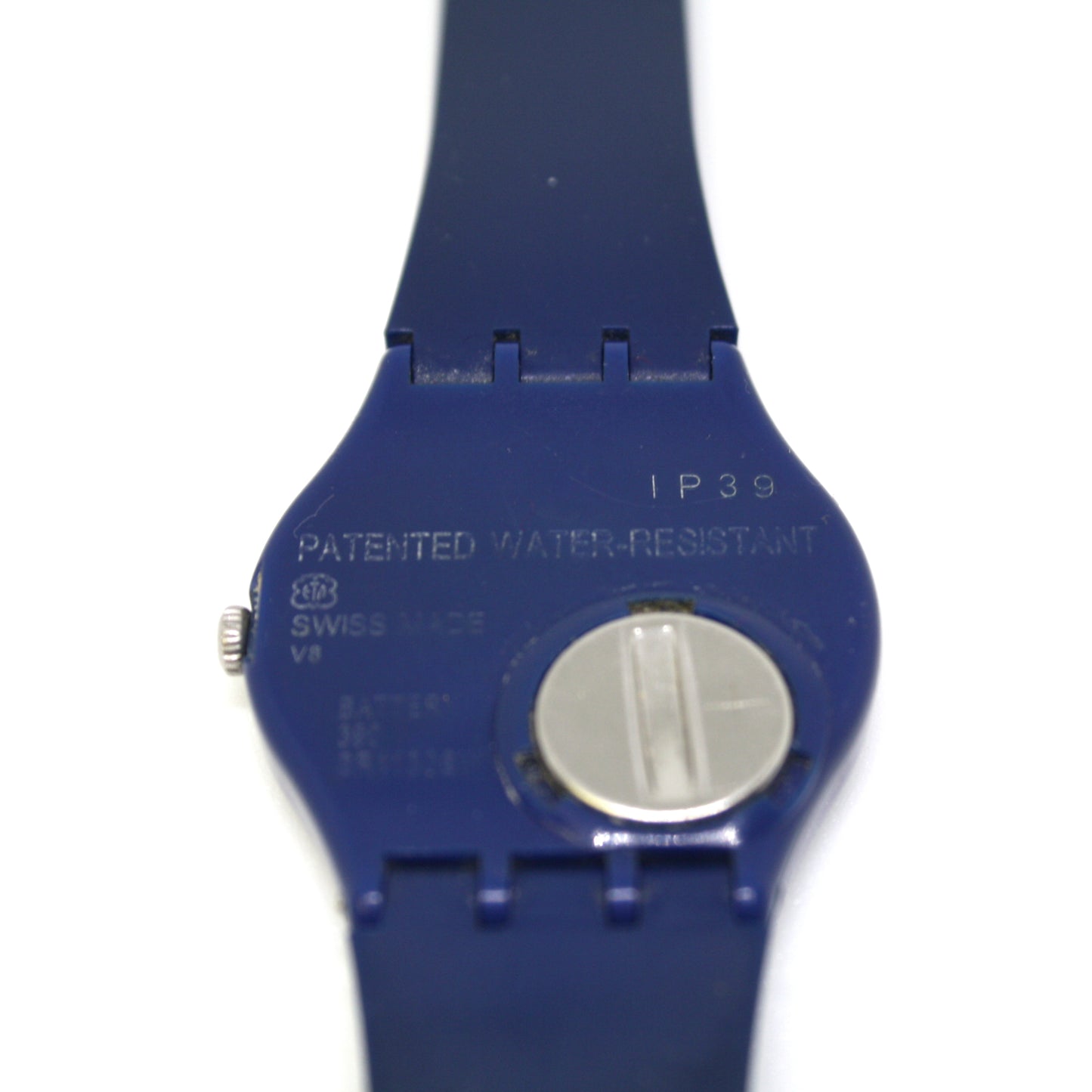 Blue watch with 'Swiss Made' text on a white background