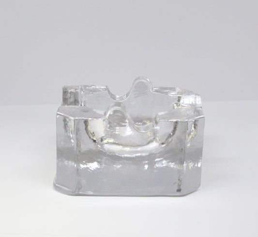 Clear glass ashtray on a white background