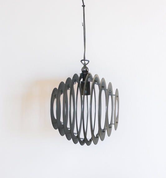Modern pendant light with spiral design on a white background